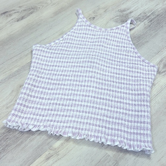 Lavender & White Gingham Print Ruffled Hem High-Neck Racerback Smocked Gauze Top - Picture 2 of 10